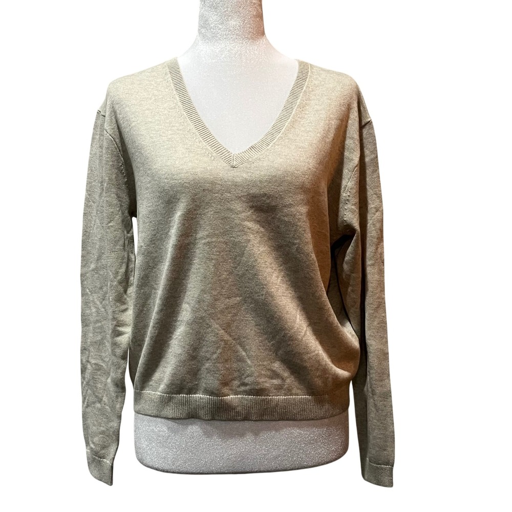 J Crew‎ V Neck Sweater Beige Heather Cloud Cotton Modal Blend Women's XS Preppy